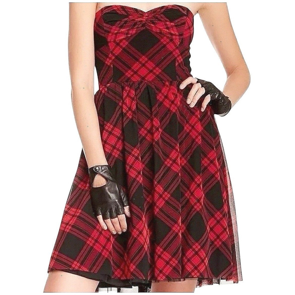 Betsey Johnson Red Black Plaid Strapless Fit Flare Dress Tulle Hem Womens 12